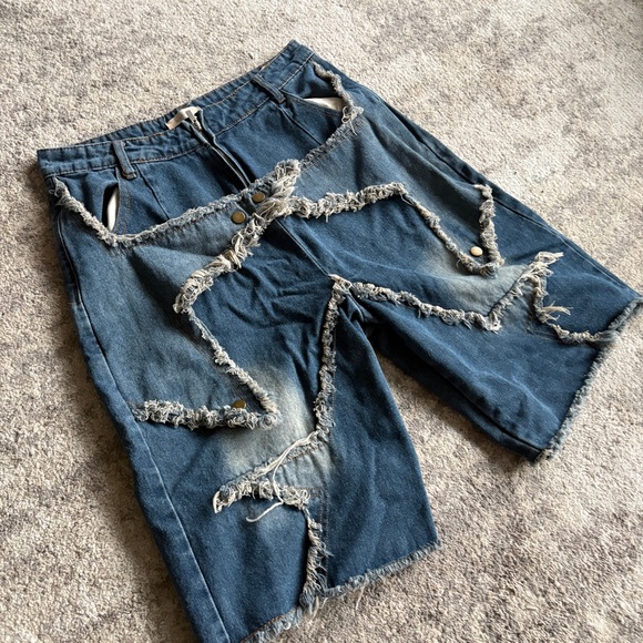 Y2K Kenvibe Starpatch Denim Distressed Baggy Streetwear Oversized Jorts - Picture 2 of 9